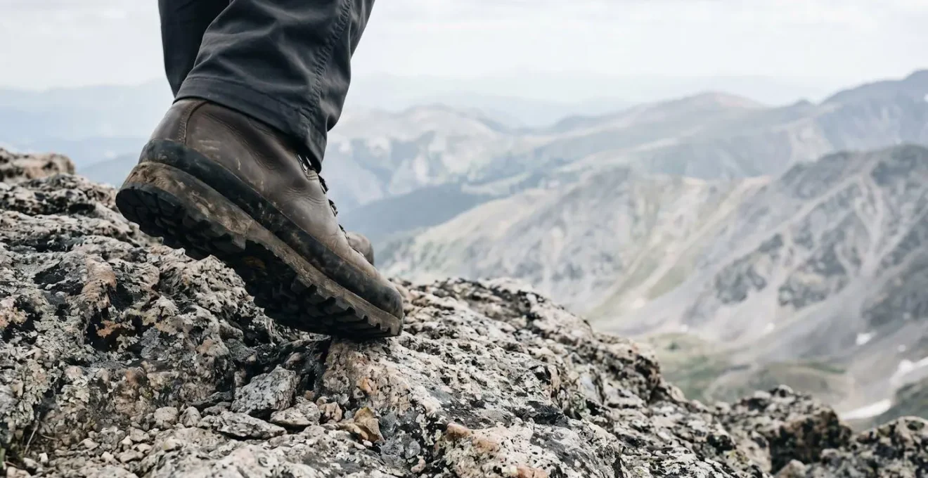 Wanderschuh auf unebenem Felsuntergrund mit betonter Kontaktfläche und natürlicher Körperhaltung