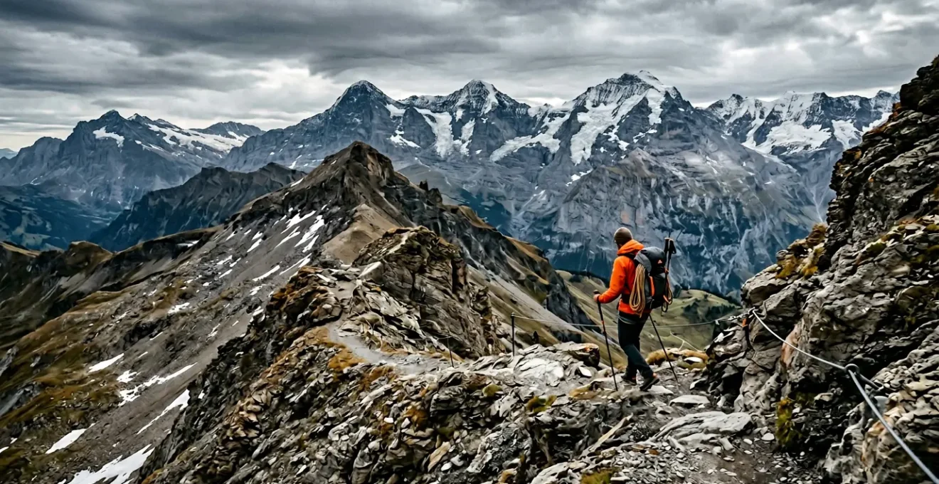 Einsamer Bergwanderer auf anspruchsvollem T3-Bergpfad mit Sicherheitsausruestung