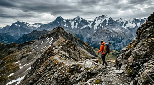 Einsamer Bergwanderer auf anspruchsvollem T3-Bergpfad mit Sicherheitsausruestung