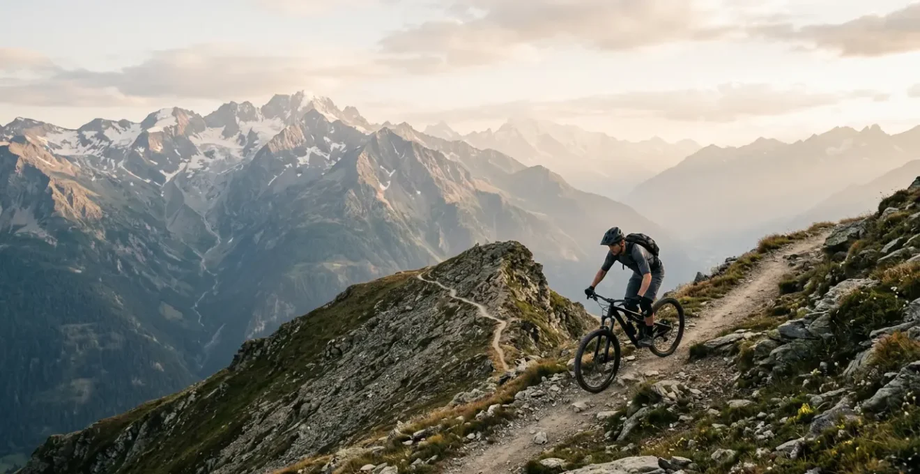 Mountainbiker auf alpinem Bergpfad mit dramatischem Alpenpanorama im Hintergrund