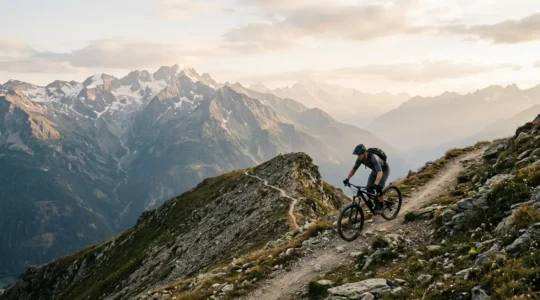 Mountainbiker auf alpinem Bergpfad mit dramatischem Alpenpanorama im Hintergrund