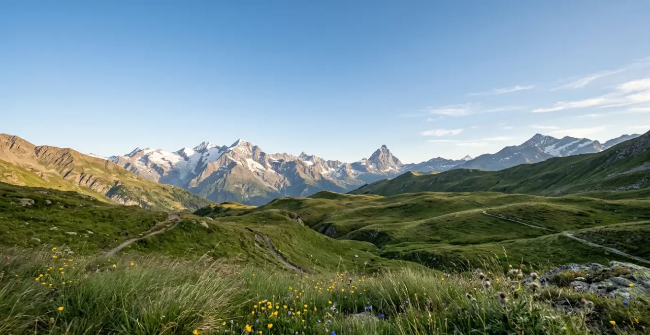 Weitläufige Alpenlandschaft mit grünen Almwiesen und Bergpanorama zur Stressreduktion