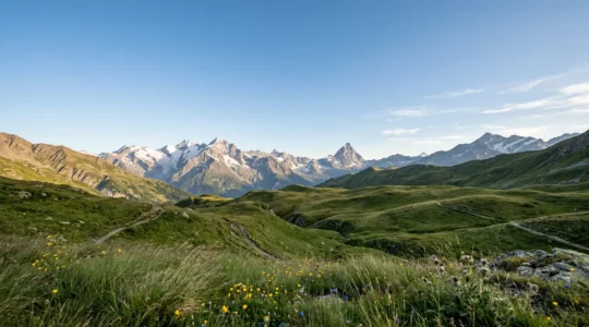 Weitläufige Alpenlandschaft mit grünen Almwiesen und Bergpanorama zur Stressreduktion