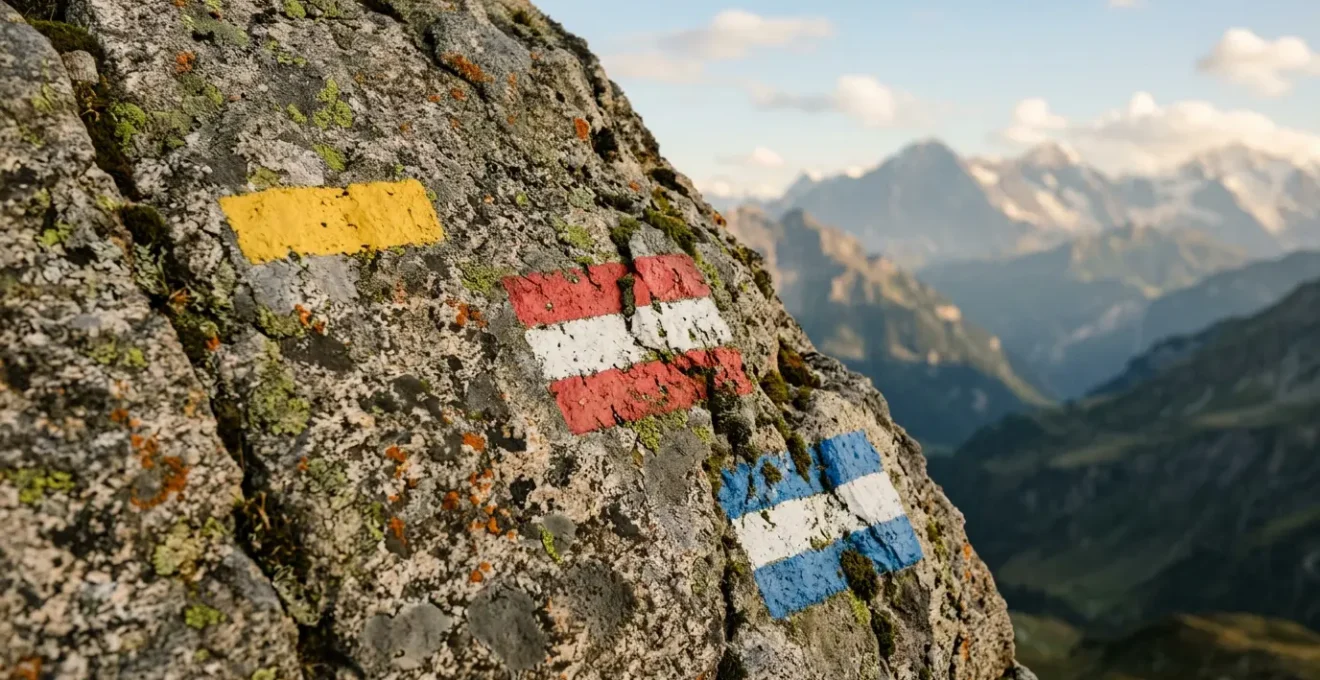 Nahaufnahme von verschiedenfarbigen Wanderweg-Markierungen auf Fels in den Alpen