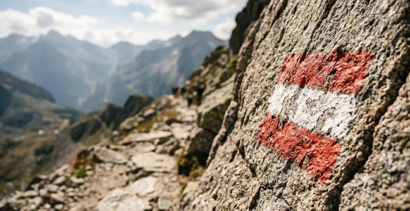 Rot-weiss-rote Wegmarkierung auf Felsen an einem steilen Bergwanderpfad