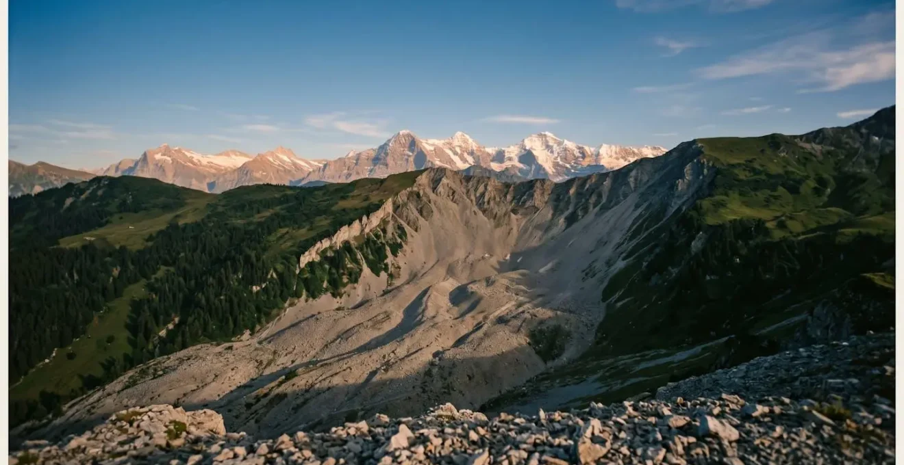 Weitwinkelaufnahme einer steilen Geröllhalde mit kahlen Felsflanken in alpiner Umgebung