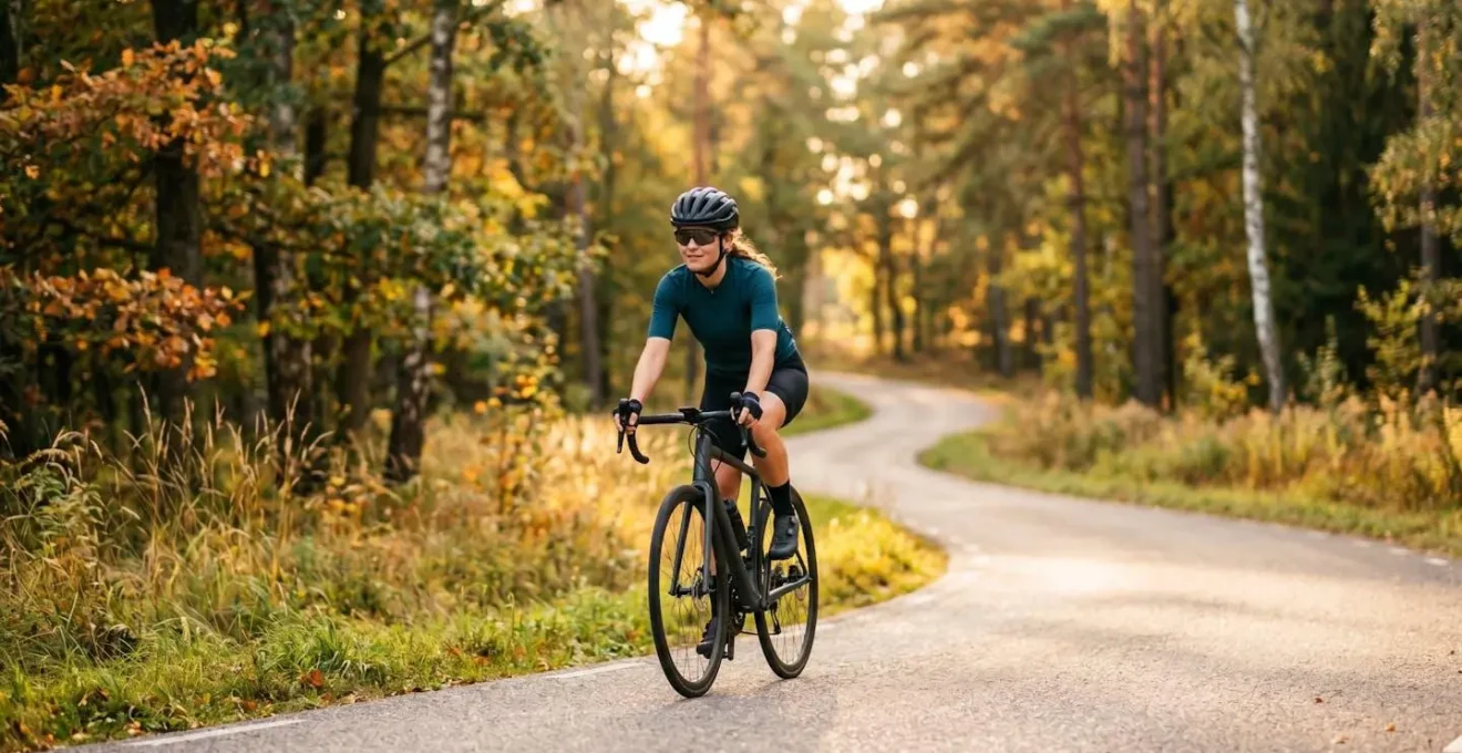 Radfahrer in ruhigem gleichmässigem Tempo durch naturbelassene Landschaft im warmen Abendlicht