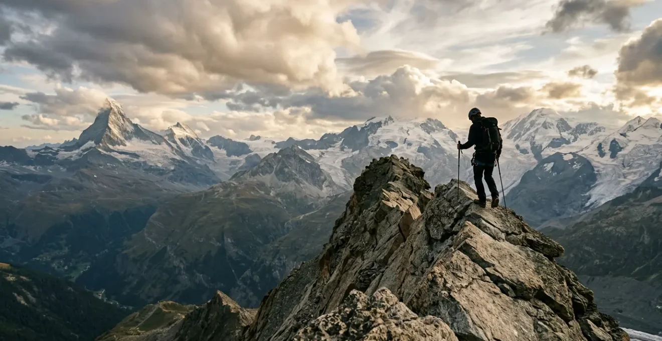 Bergsteiger auf schwierigem Grat symbolisiert mentale Staerke und Durchhaltevermoegen