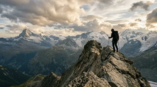 Bergsteiger auf schwierigem Grat symbolisiert mentale Staerke und Durchhaltevermoegen