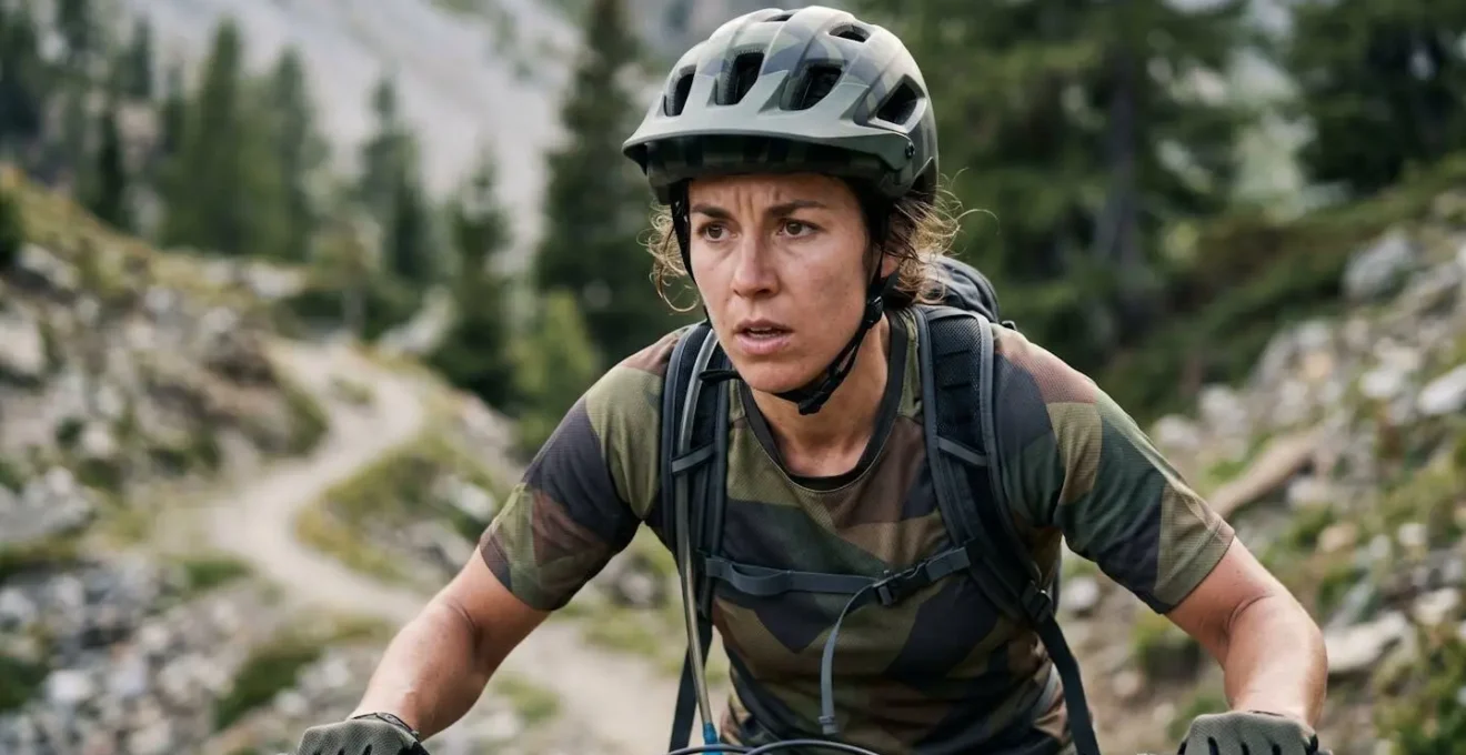 Nahaufnahme eines Mountainbikers beim konzentrierten Bergauffahren mit gleichmässigem Tempo