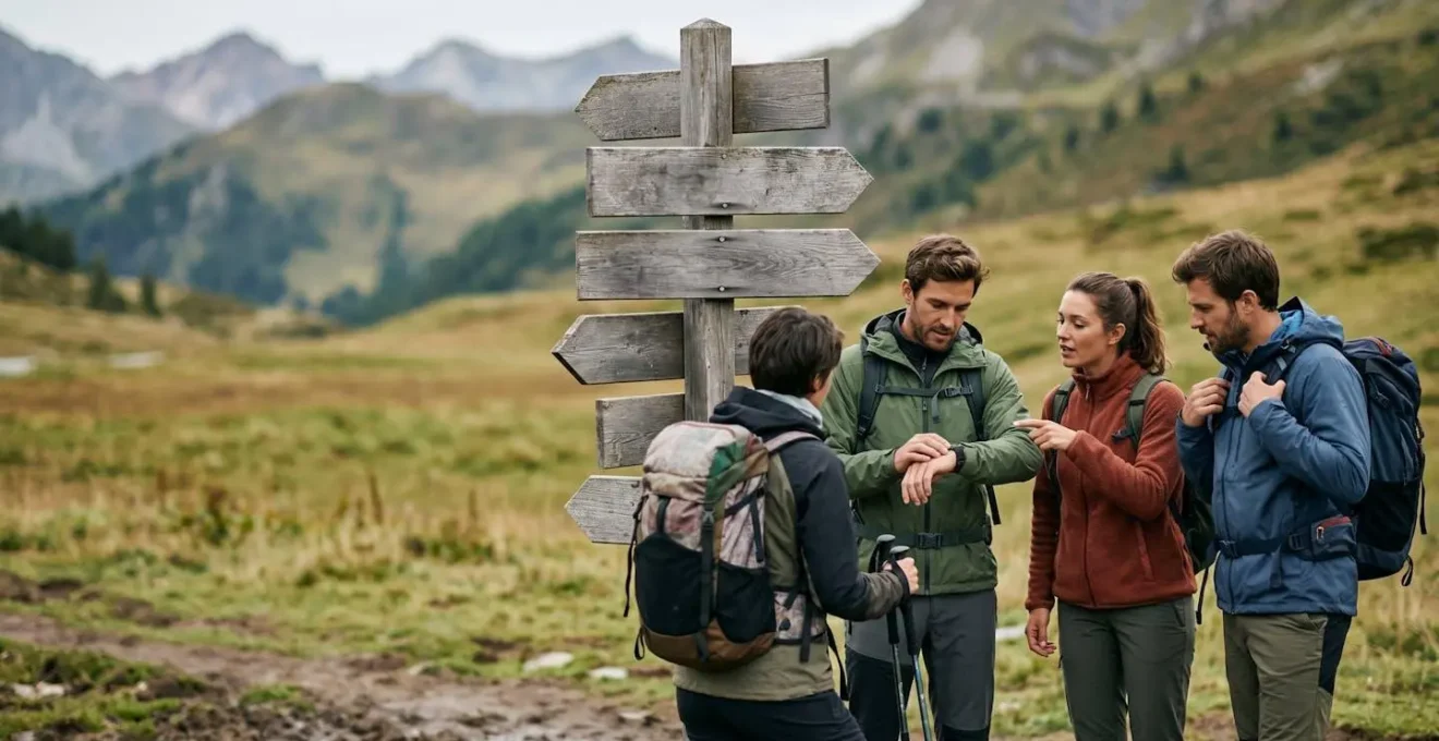 Wandergruppe macht strategische Pause an einem Checkpoint mit Blick auf Wegweiser in den Bergen