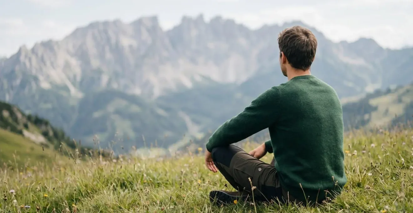 Meditative Atmosphäre auf einer Almwiese mit weitem Blick über die Alpen