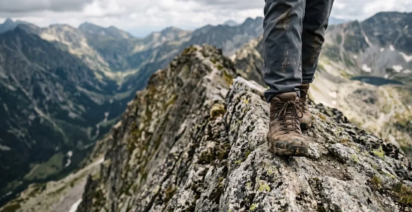 Detailaufnahme von Wanderstiefeln auf schmalem Felsgrat mit Tiefblick in Bergtal