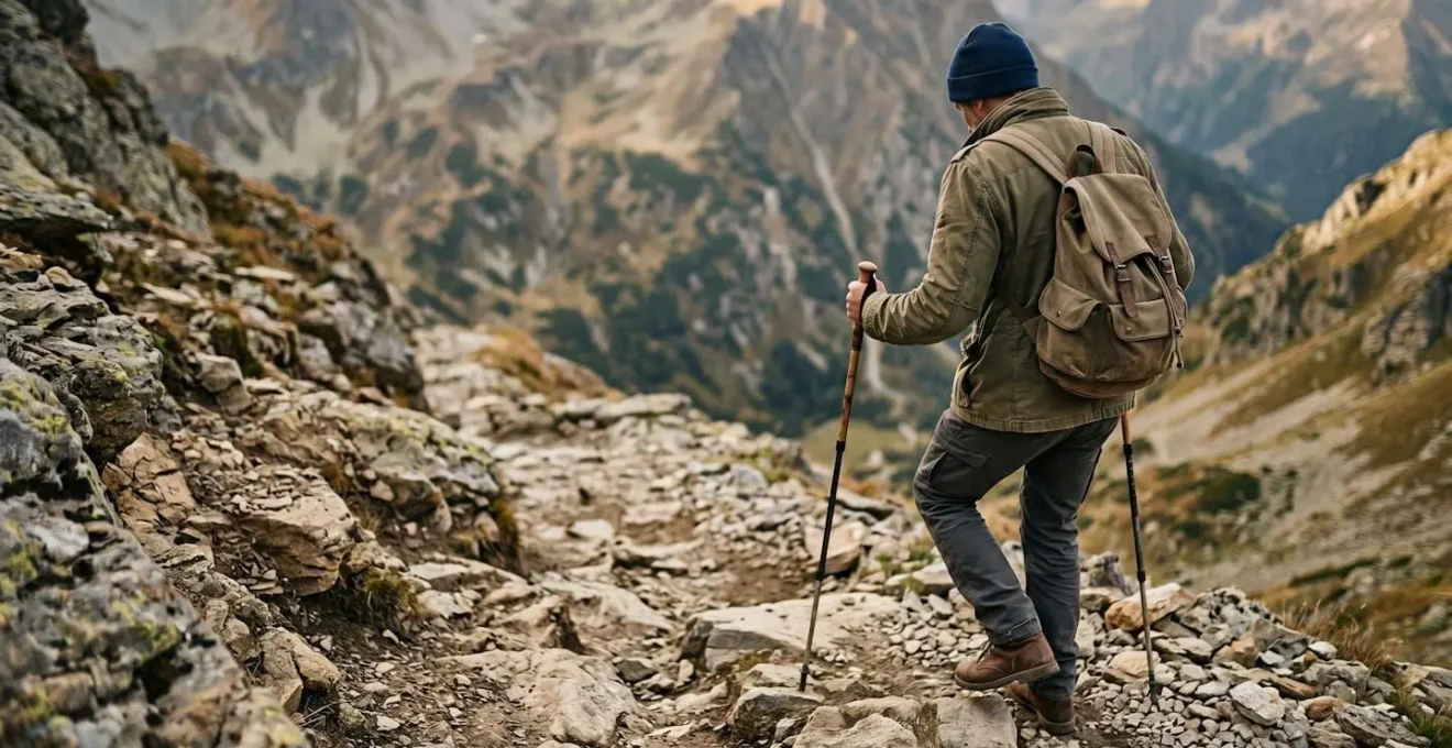 Wanderer bei konzentriertem Abstieg auf steilem Bergpfad mit Wanderstöcken