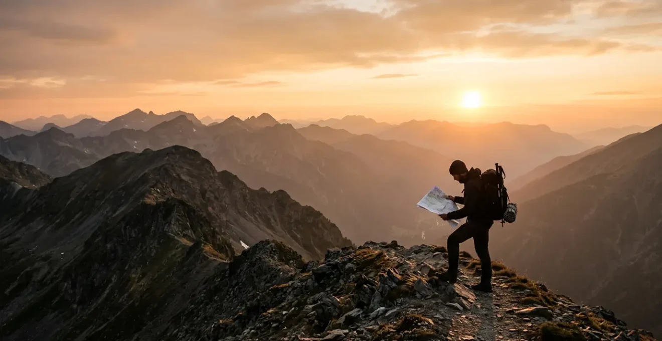 Bergwanderer plant Route mit Karte bei sinkendem Tageslicht in alpiner Umgebung
