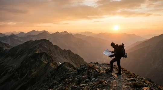 Bergwanderer plant Route mit Karte bei sinkendem Tageslicht in alpiner Umgebung
