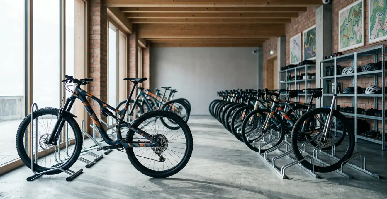 Professioneller Fahrradraum in einem modernen Bike-Hotel mit sicheren Abstellmöglichkeiten