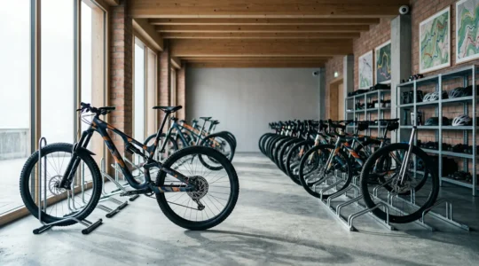 Professioneller Fahrradraum in einem modernen Bike-Hotel mit sicheren Abstellmöglichkeiten
