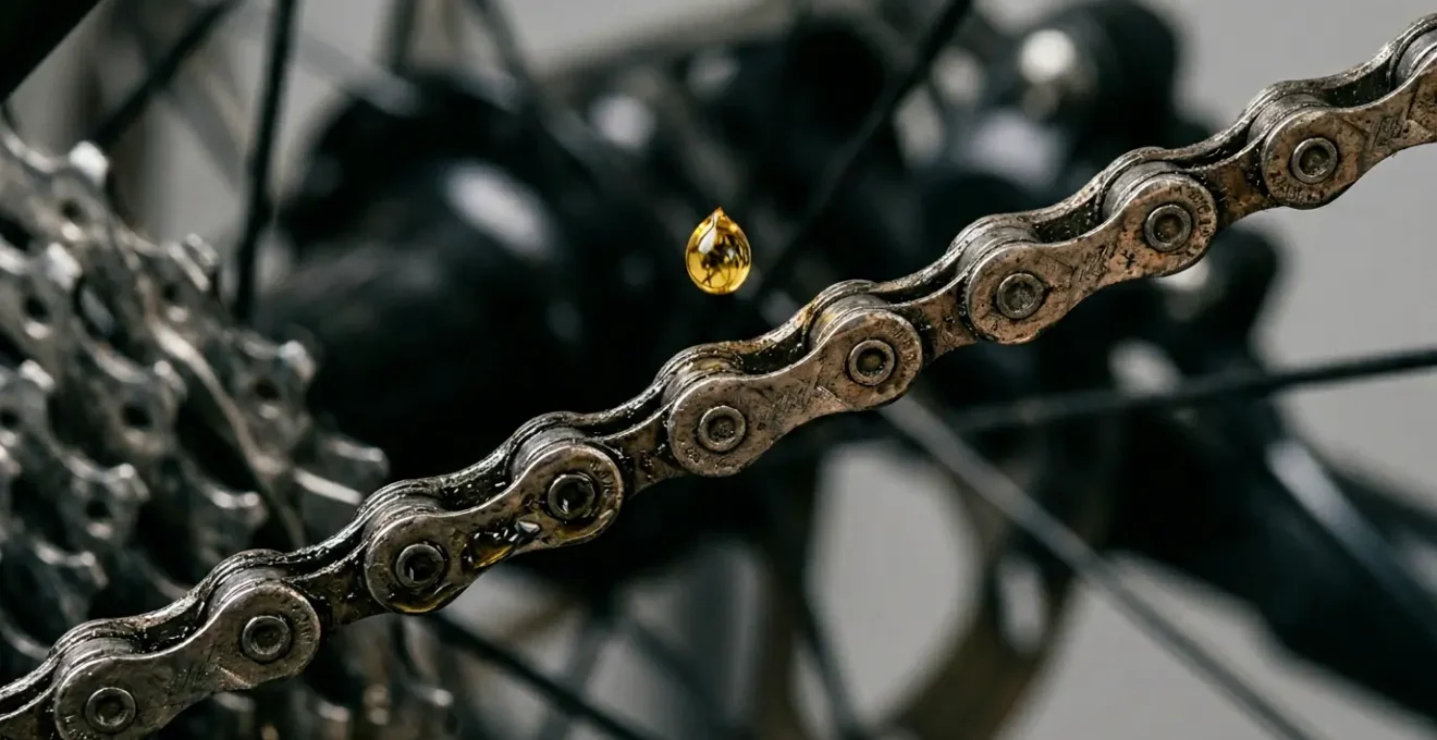 Detailaufnahme einer Fahrradkette mit Schmierung, die Unterschiede zwischen biologischen und chemischen Schmierstoffen visualisiert