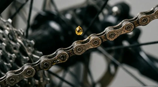 Detailaufnahme einer Fahrradkette mit Schmierung, die Unterschiede zwischen biologischen und chemischen Schmierstoffen visualisiert