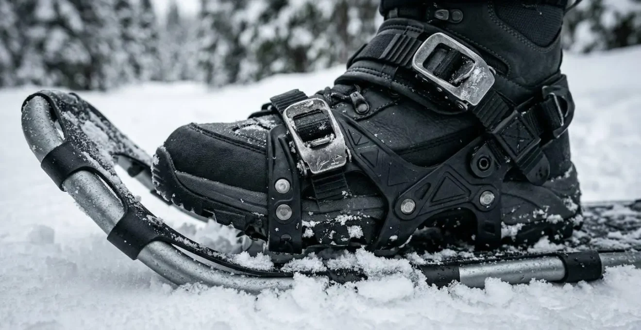 Detailaufnahme von Schneeschuhen auf verschneiter Oberfläche mit sichtbarer Muskelaktivierung