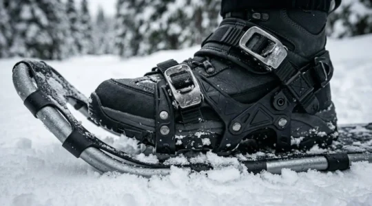 Detailaufnahme von Schneeschuhen auf verschneiter Oberfläche mit sichtbarer Muskelaktivierung
