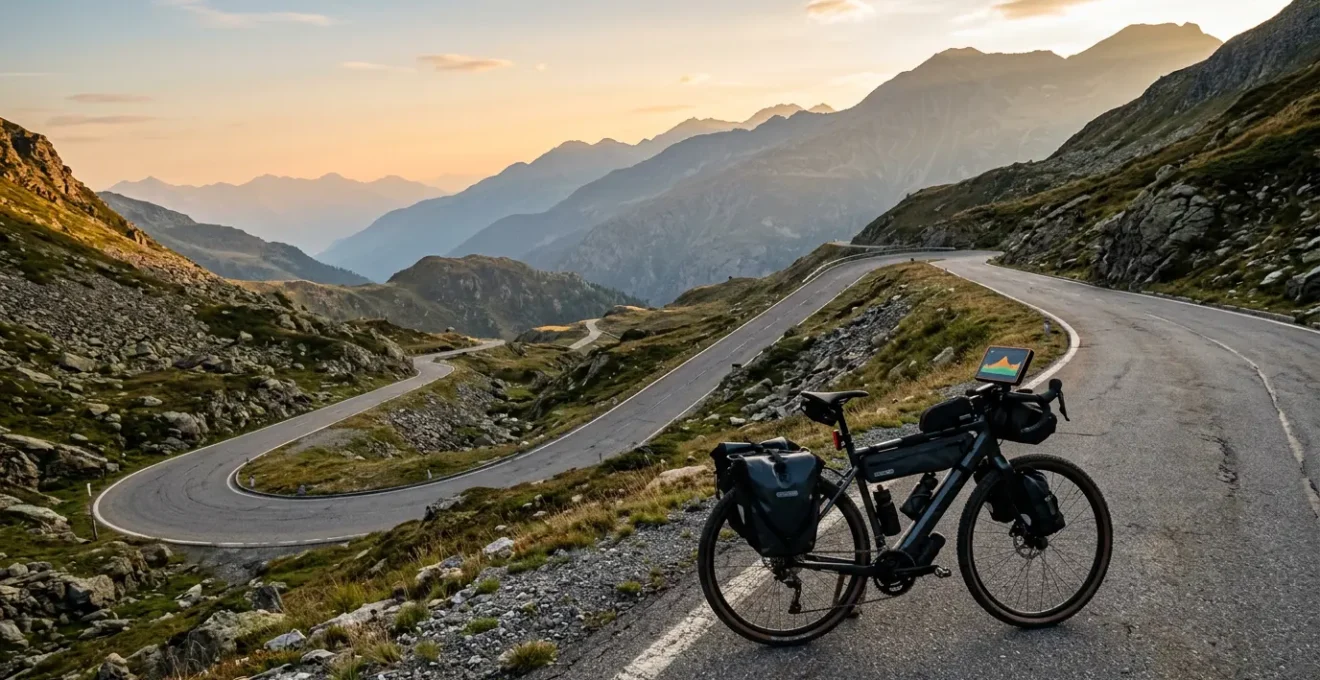 E-Bike-Fahrer analysiert Höhenprofil auf der Karte während einer Alpentour zur Optimierung der Akku-Reichweite