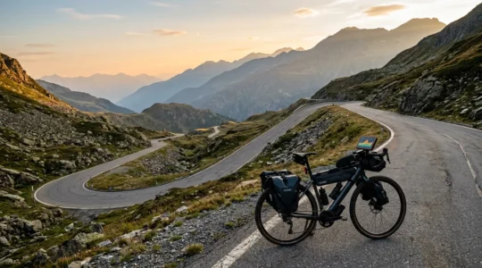 E-Bike-Fahrer analysiert Höhenprofil auf der Karte während einer Alpentour zur Optimierung der Akku-Reichweite