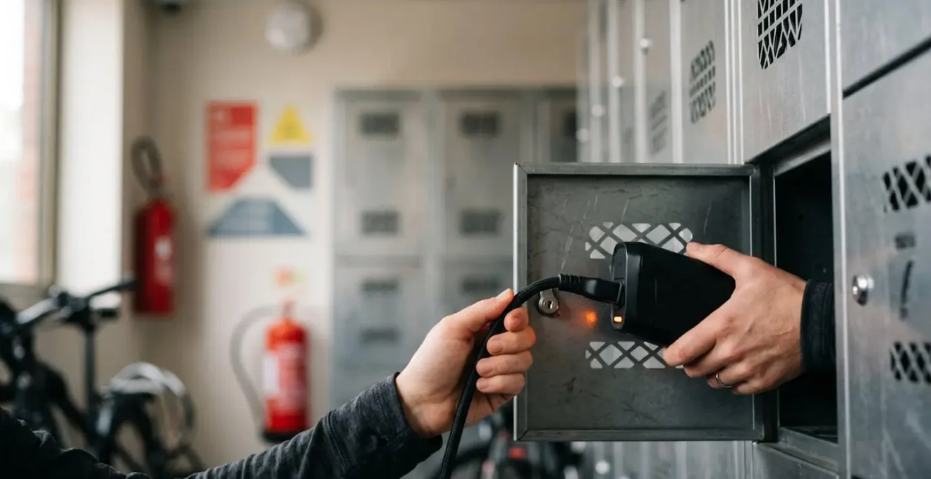 Sichere E-Bike Ladestation mit feuerfesten Ladefächern und Brandschutzausrüstung in einem Hotel