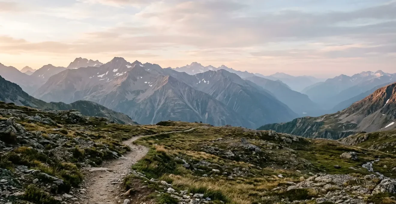 Einsamer schmaler Wanderpfad durch unberührte Berglandschaft im Morgengrauen