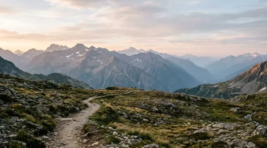 Einsamer schmaler Wanderpfad durch unberührte Berglandschaft im Morgengrauen
