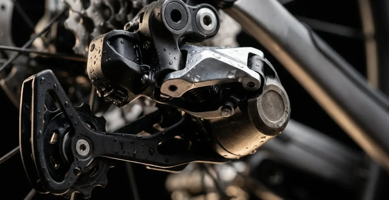 Nahaufnahme eines elektronischen MTB-Schaltwerks mit Wassertropfen nach Regenfahrt