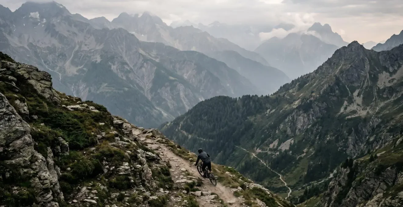 Mountainbiker auf langer Alpenabfahrt mit extremer thermischer Belastung der Bremsen