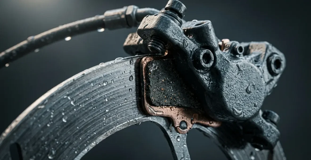 Detailaufnahme von Fahrrad-Bremsbelägen mit Bremsscheibe bei Nässe
