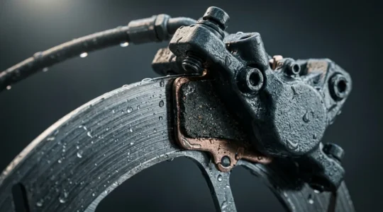 Detailaufnahme von Fahrrad-Bremsbelägen mit Bremsscheibe bei Nässe
