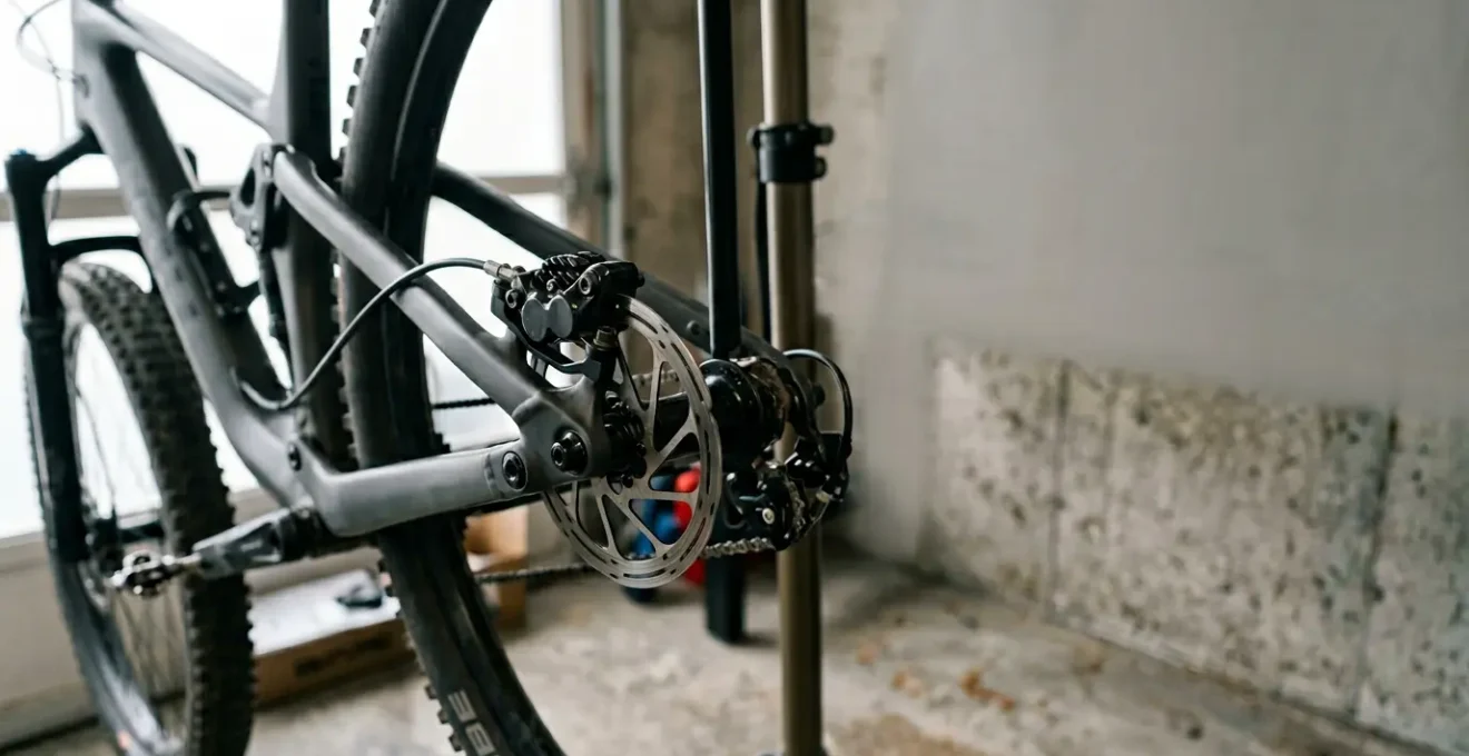 Professionelle Fahrradwartung einer hydraulischen Scheibenbremse in einer Heimgarage