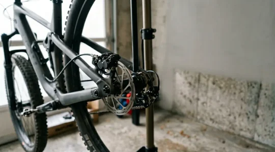 Professionelle Fahrradwartung einer hydraulischen Scheibenbremse in einer Heimgarage