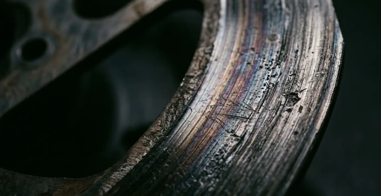 Detailaufnahme einer abgenutzten Fahrrad-Bremsscheibe mit Verschleißspuren