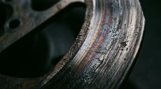 Detailaufnahme einer abgenutzten Fahrrad-Bremsscheibe mit Verschleißspuren