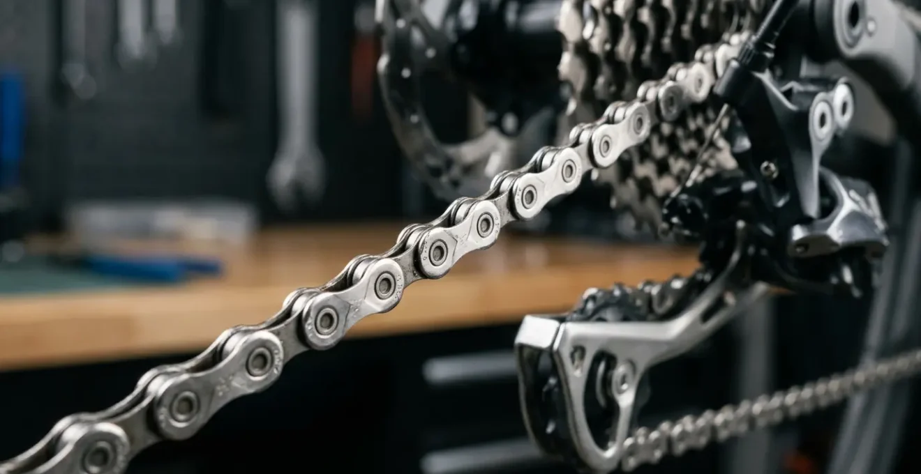 Detailaufnahme einer gepflegten Fahrradkette mit Fokus auf Kettengliedern und Antriebssystem