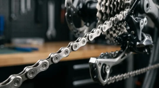Detailaufnahme einer gepflegten Fahrradkette mit Fokus auf Kettengliedern und Antriebssystem