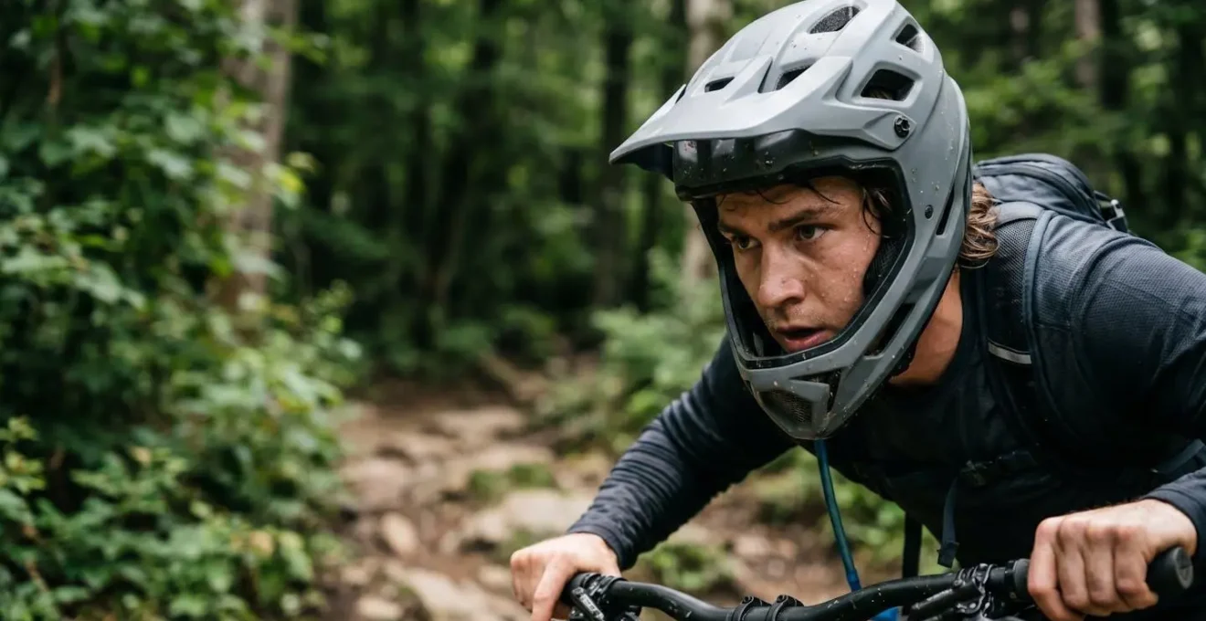 Nahaufnahme eines konzentrierten Mountainbikers bei technischer Trailpassage
