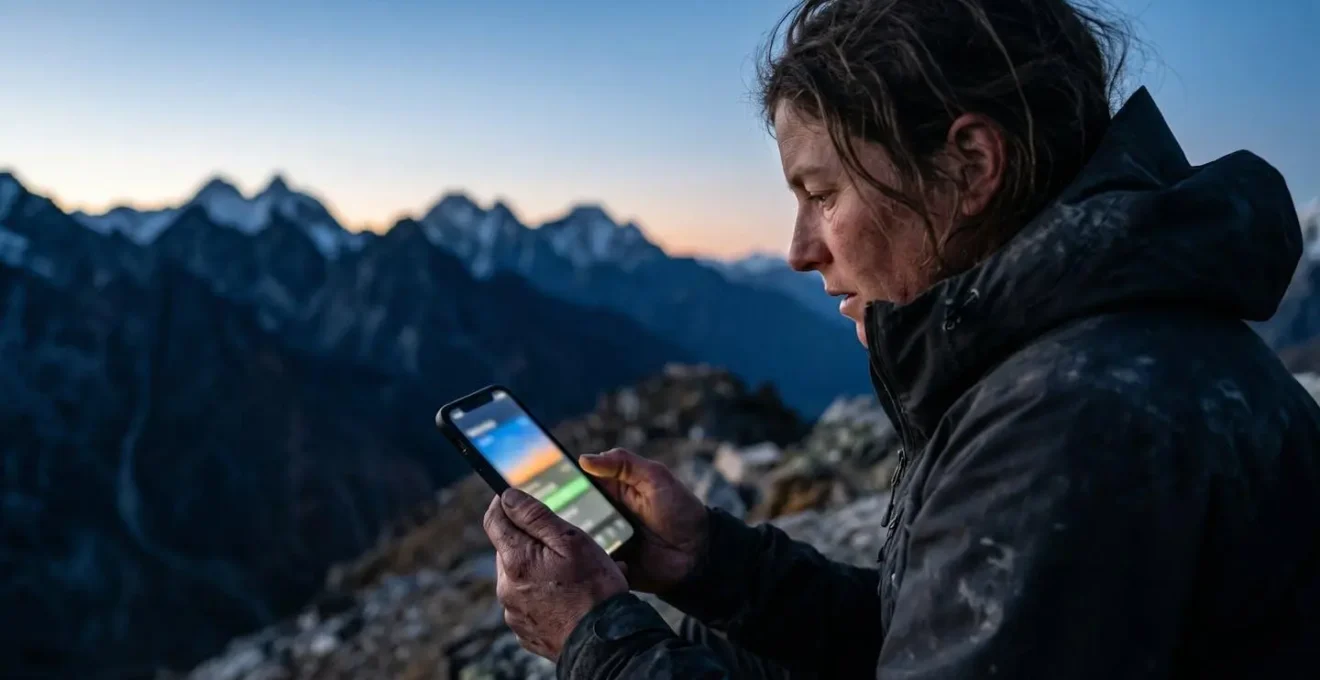 Nahaufnahme eines Bergfotografen, der bei der Planung seines Sonnenaufgangsfotos eine Smartphone-App in der Dämmerung nutzt.