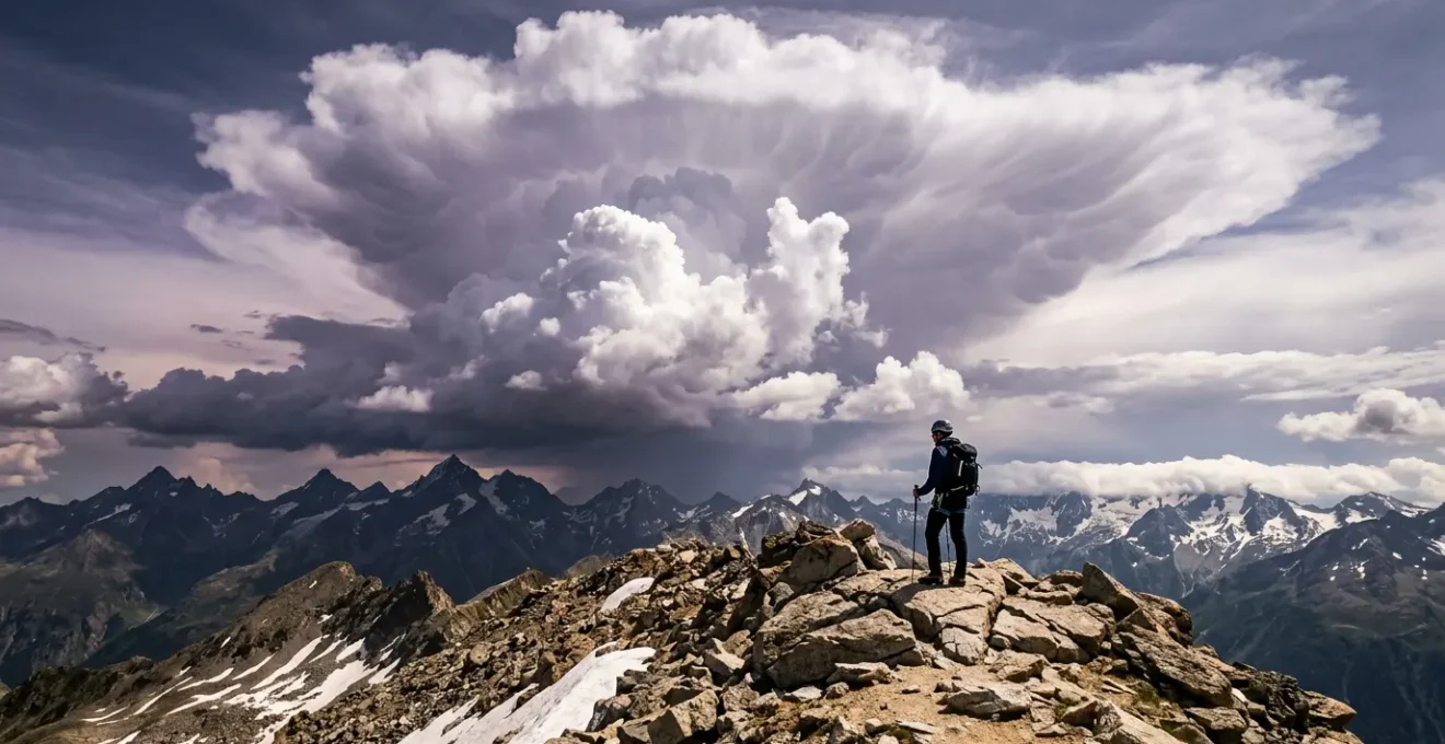 Alpenwanderer beobachtet dramatische Gewitterwolken über Berggipfeln