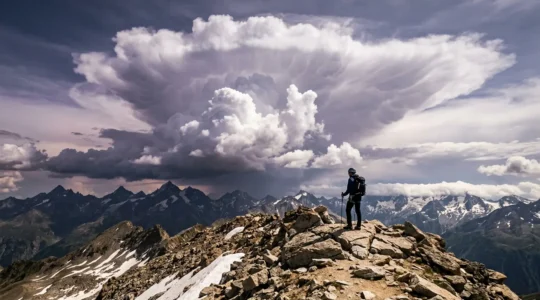 Alpenwanderer beobachtet dramatische Gewitterwolken über Berggipfeln