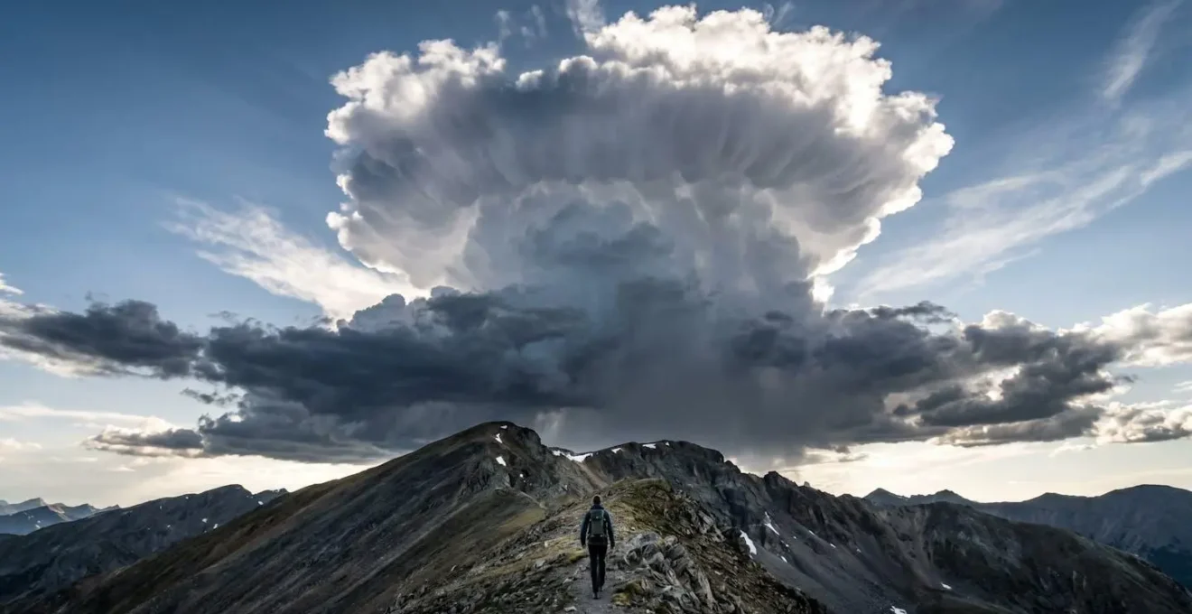 Dramatische Gewitterwolken türmen sich über einem Berggrat, während ein Wanderer eilig den Abstieg beginnt.