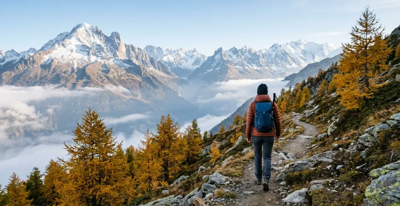 Herbstliche Bergwanderung über 2000 Meter Höhe im Oktober mit verschneiten Gipfeln
