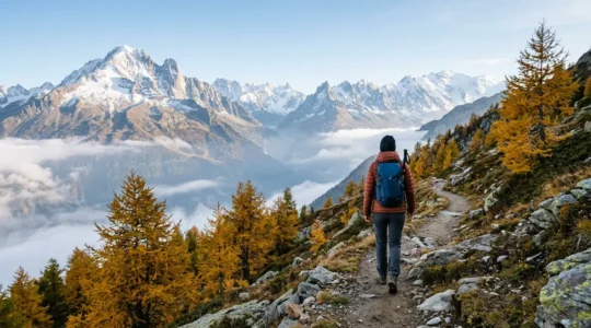 Herbstliche Bergwanderung über 2000 Meter Höhe im Oktober mit verschneiten Gipfeln