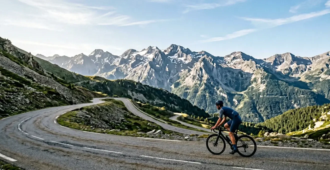 Radsportler fährt konzentriert einen steilen Berganstieg hinauf in alpiner Umgebung mit natürlichem Licht