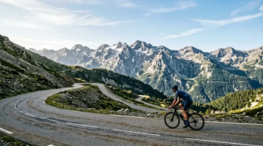 Radsportler fährt konzentriert einen steilen Berganstieg hinauf in alpiner Umgebung mit natürlichem Licht